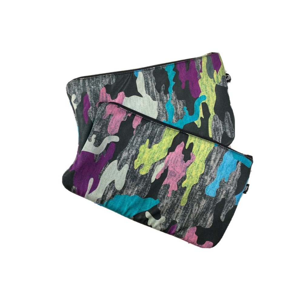 NWOT Terez Makeup Bag Cosmetic Case Pouch Camo Gray Purple Colorful Zip Set‎ 2